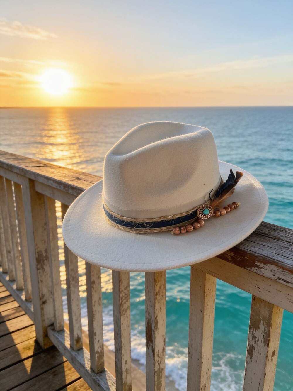 IN Designer Unisex Wide Brim Fedora Wool Felt Hat with Southwestern Style Beaded